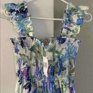 NWT Philosophy blue floral printed ruffle smocked tiered midi dress M